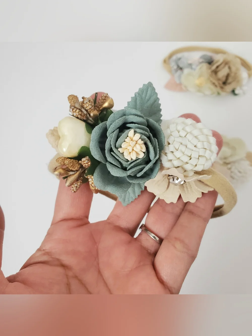 Floral Baby Nude Nylon Headband Set 3 Neutral Cream, Blush & Sage Newborn